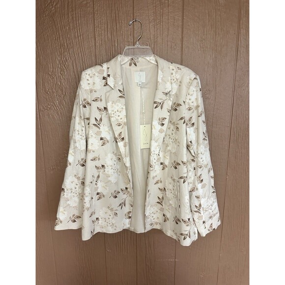 NWT Joie Floral Linen Blend Blazer Neutral Tan‎ White Botanical Jacket Size L - Picture 1 of 5